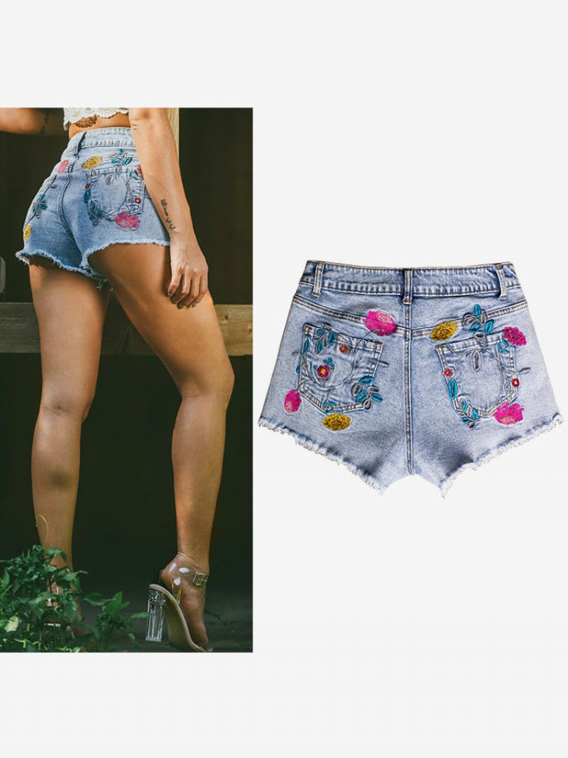 Shorts Feminino Chique Algodão Bordado - Azul Céu Claro