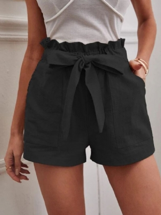 Shorts Femininos Linho Com Cintura Elástica E Bolsos Fofos Verão