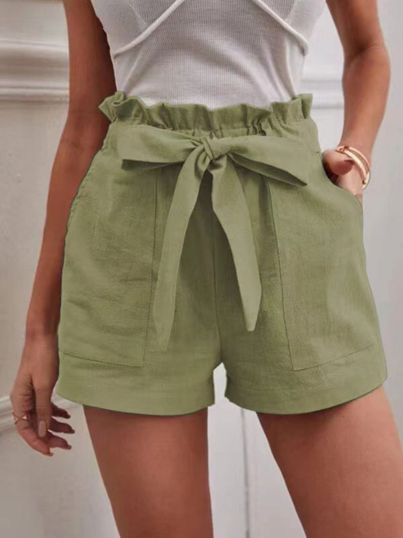 Shorts Femininos Linho Com Cintura Elástica E Bolsos Fofos Verão - Verde Grama