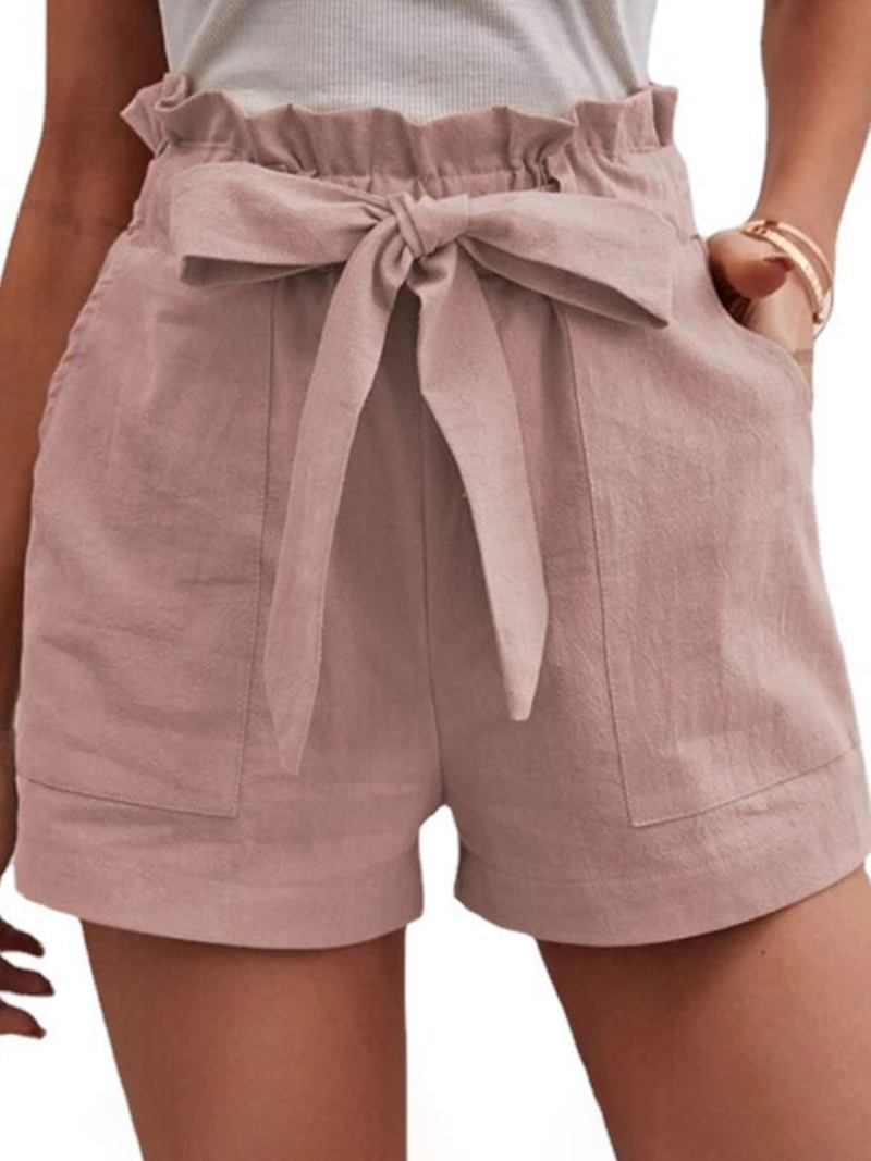 Shorts Femininos Linho Com Cintura Elástica E Bolsos Fofos Verão - Rosa