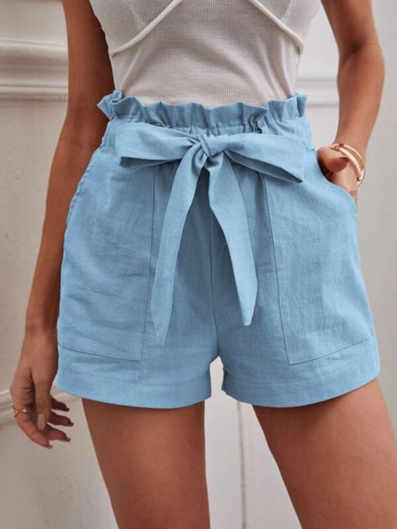 Shorts Femininos Linho Com Cintura Elástica E Bolsos Fofos Verão - Azul Céu Claro