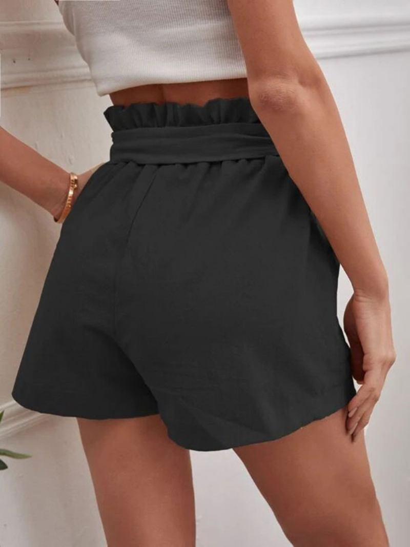 Shorts Femininos Linho Com Cintura Elástica E Bolsos Fofos Verão - Preto