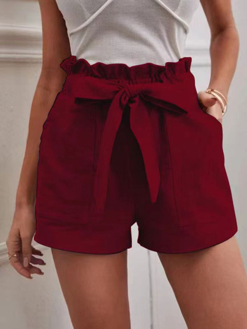 Shorts Femininos Linho Com Cintura Elástica E Bolsos Fofos Verão - Borgonha