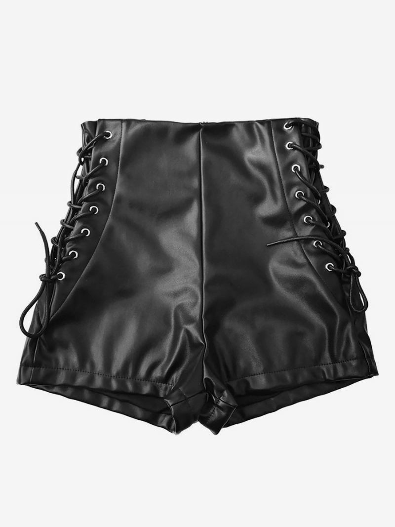 Shorts Para Mulheres Com Calças Casuais Couro Pu - Preto