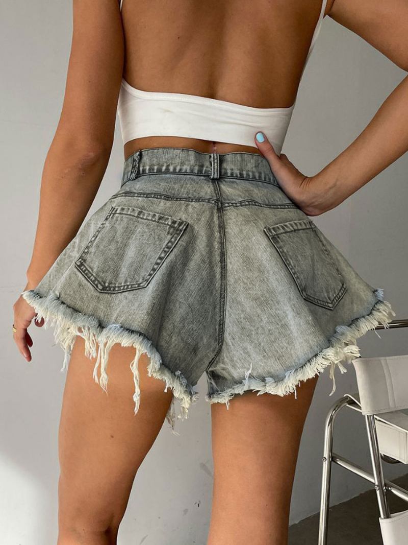 Shorts Para Mulheres Com Franjas Jeans Cowboy - Azul Céu Claro