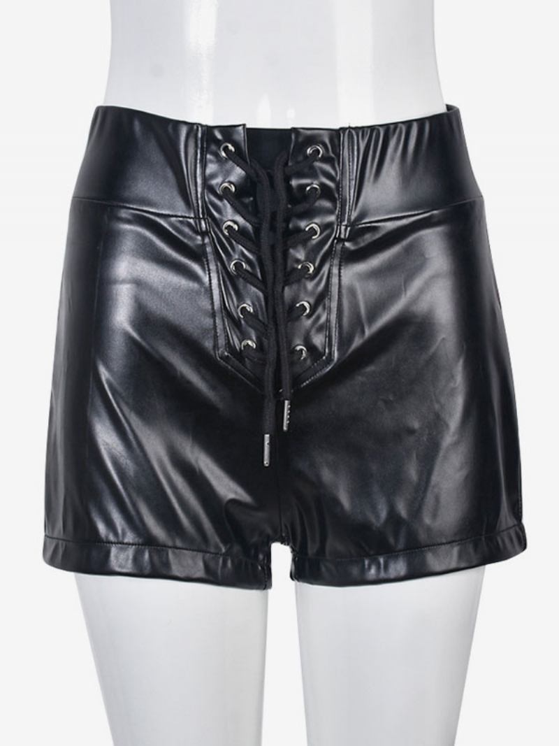 Shorts Para Mulheres Com Ilhós Sexy E Calças Couro Pu - Preto