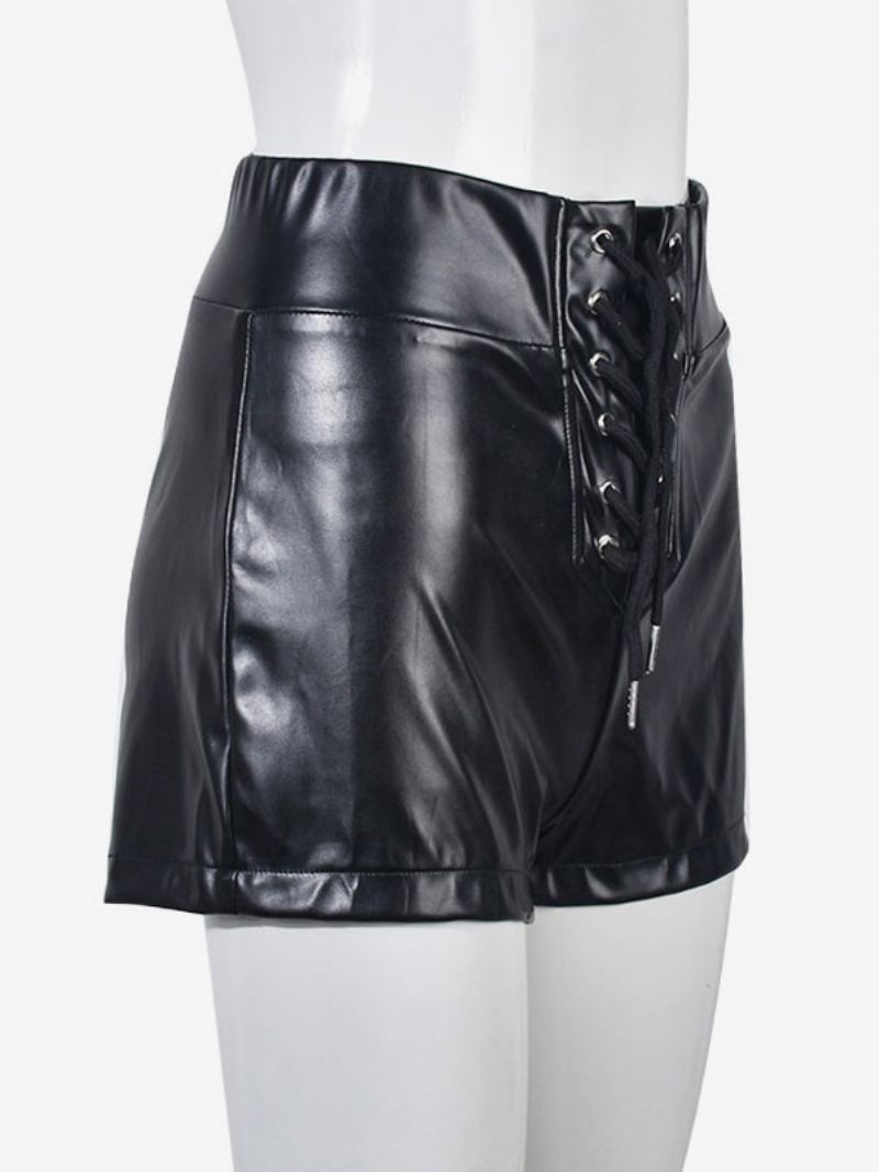 Shorts Para Mulheres Com Ilhós Sexy E Calças Couro Pu - Preto