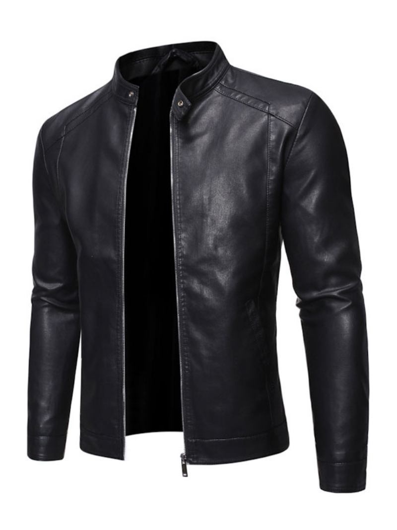 Jaqueta Couro Masculina Com Decote Retrato Mangas Compridas Corta-vento Casual Casacos Elegantes Pretos Inverno - Preto