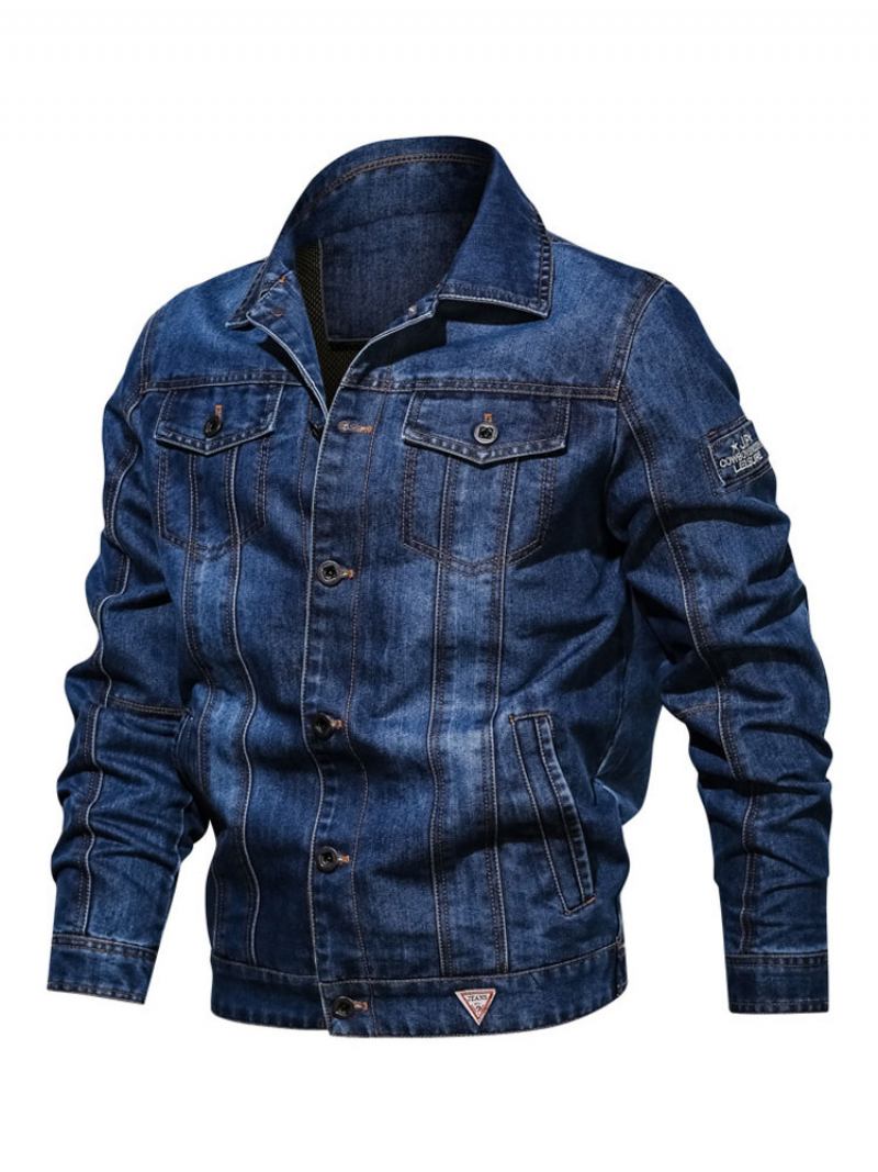 Jaqueta Jeans Masculina Chique Azul Profundo Moderno Cowboy Ajuste Regular - Azul