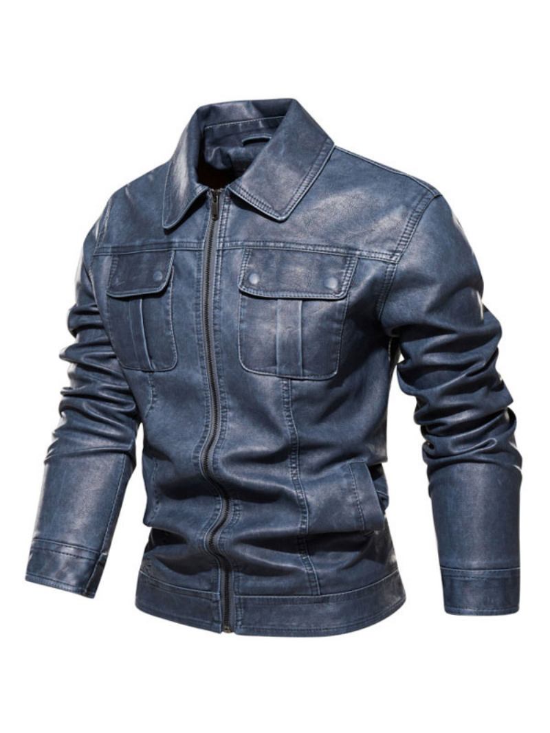 Jaquetas Couro Masculinas Com Zíper Pu Engrossar Moto Moda Em Camadas Azul Deslumbrante -  Azul Deslumbrante 