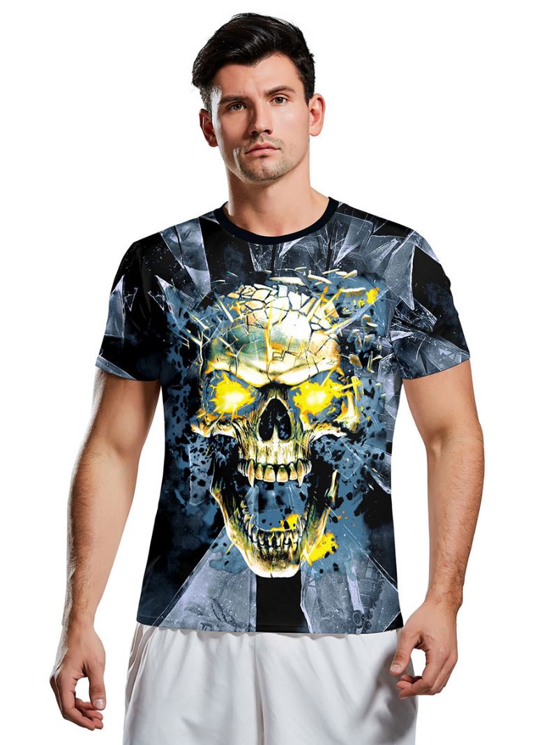 Camisetas Masculinas Assustadoras Halloween Com Estampa Cobra Gola Joia E Esqueleto Manga Curta - Azul Profundo