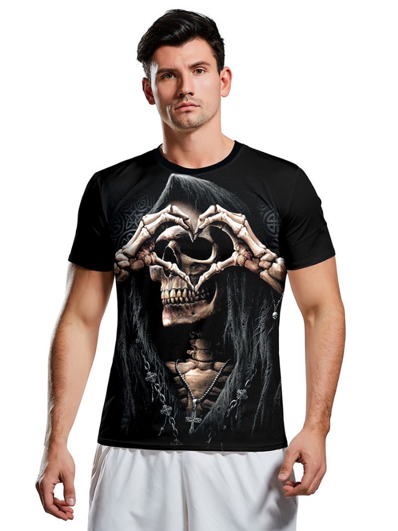 Camisetas Masculinas Assustadoras Halloween Com Estampa Cobra Gola Joia E Esqueleto Manga Curta - Preto