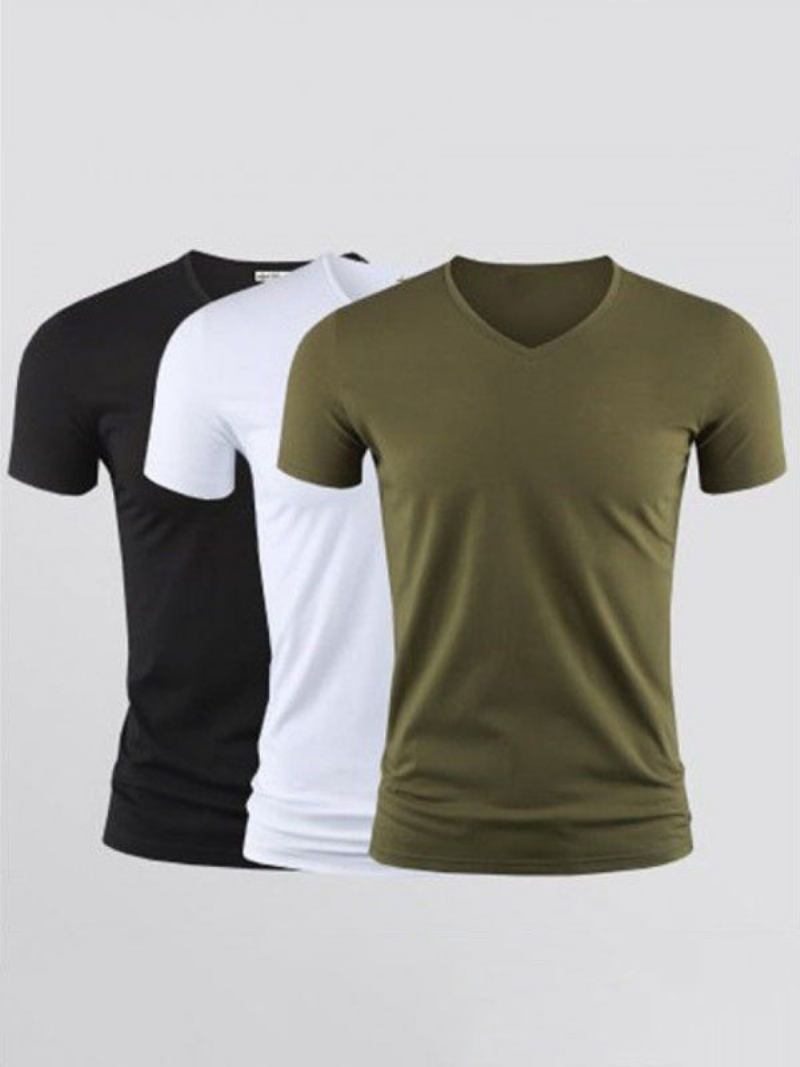 Camisetas Masculinas Casuais Com Decote Em V E Mangas Curtas - Verde Caçador