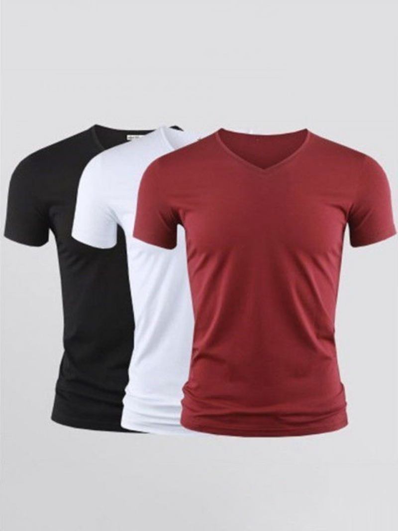 Camisetas Masculinas Casuais Com Decote Em V E Mangas Curtas - Borgonha