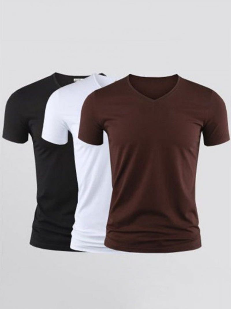 Camisetas Masculinas Casuais Com Decote Em V E Mangas Curtas - Marrom Profundo