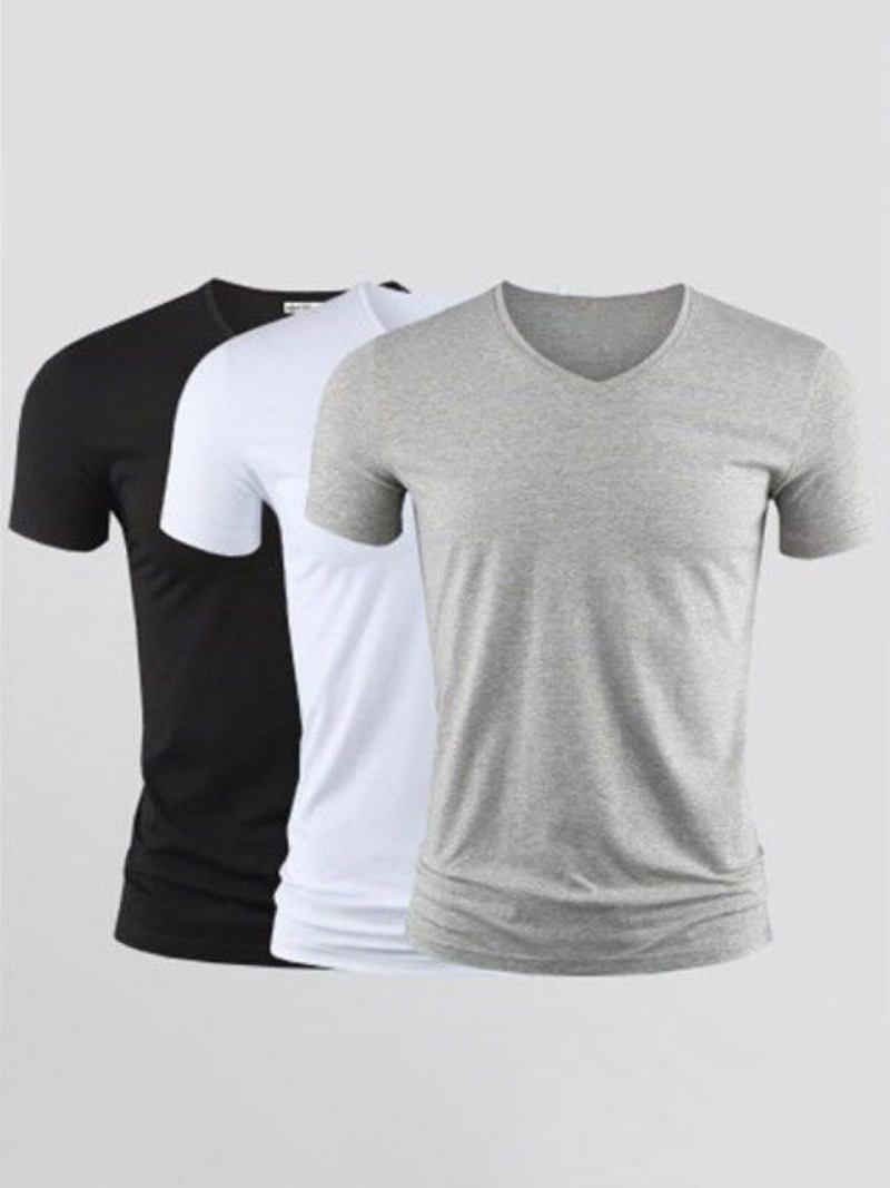 Camisetas Masculinas Casuais Com Decote Em V E Mangas Curtas - Cinza Claro