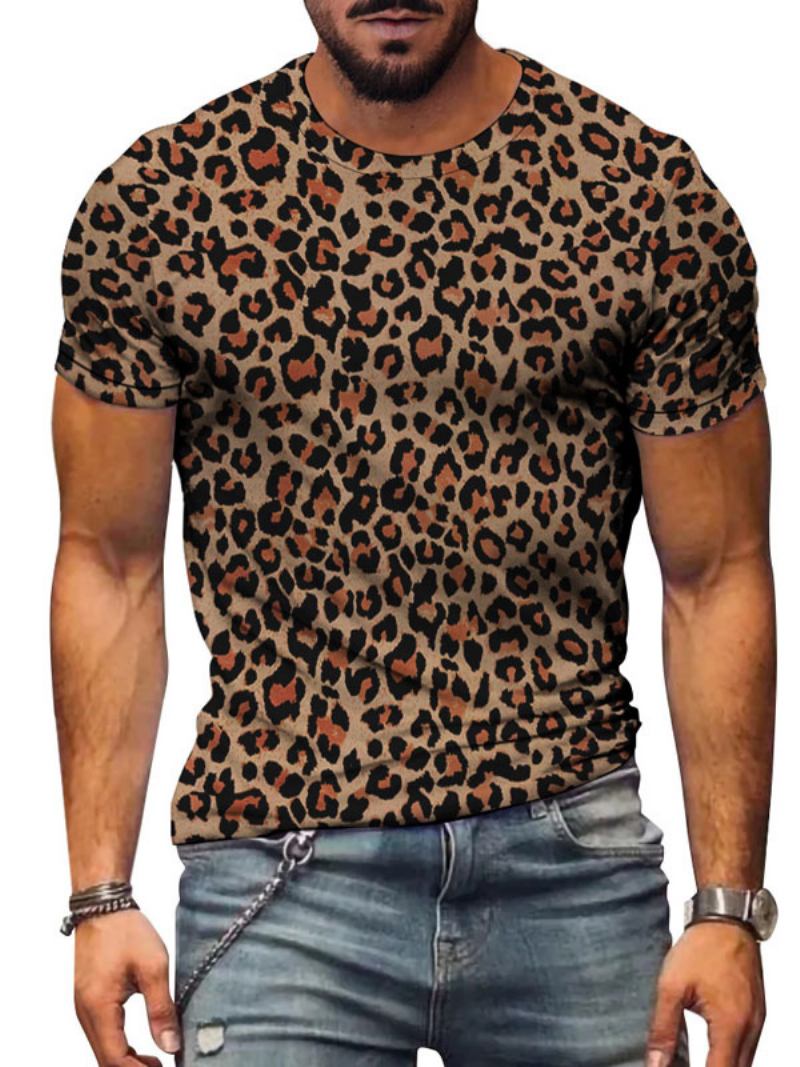 Camisetas Masculinas Casuais Com Gola Joia E Estampa Leopardo Mangas Curtas - Café Marrom