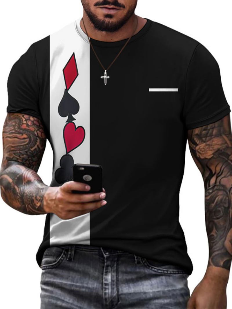 Camisetas Masculinas Casuais Com Gola Joia E Manga Curta Em Bloco Colorido - Vermelho