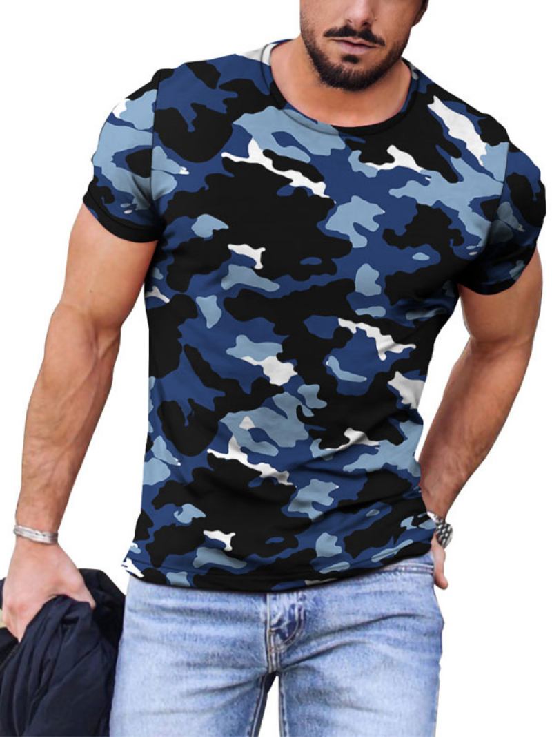 Camisetas Masculinas Casuais Com Gola Joia E Manga Curta Em Bloco Colorido - Azul