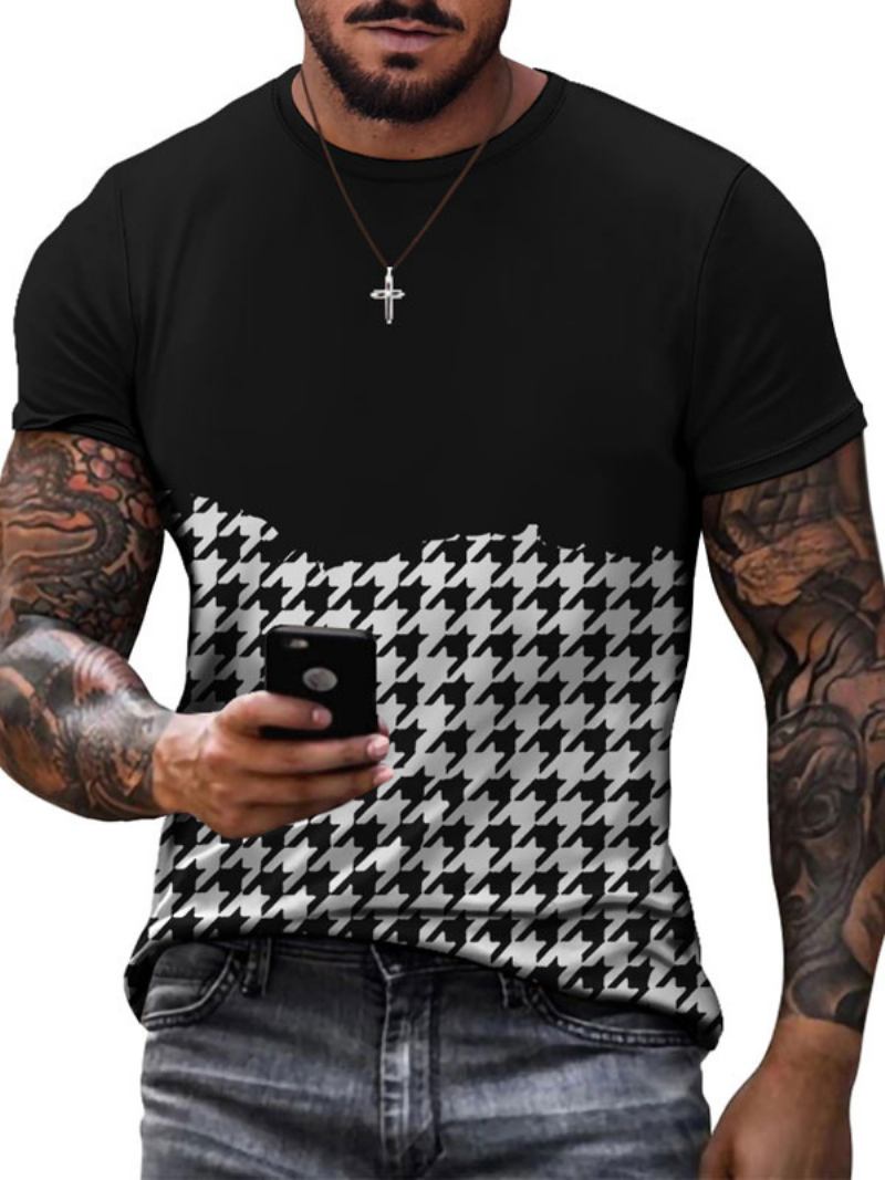 Camisetas Masculinas Casuais Com Gola Joia E Manga Curta Em Bloco Colorido - Branco