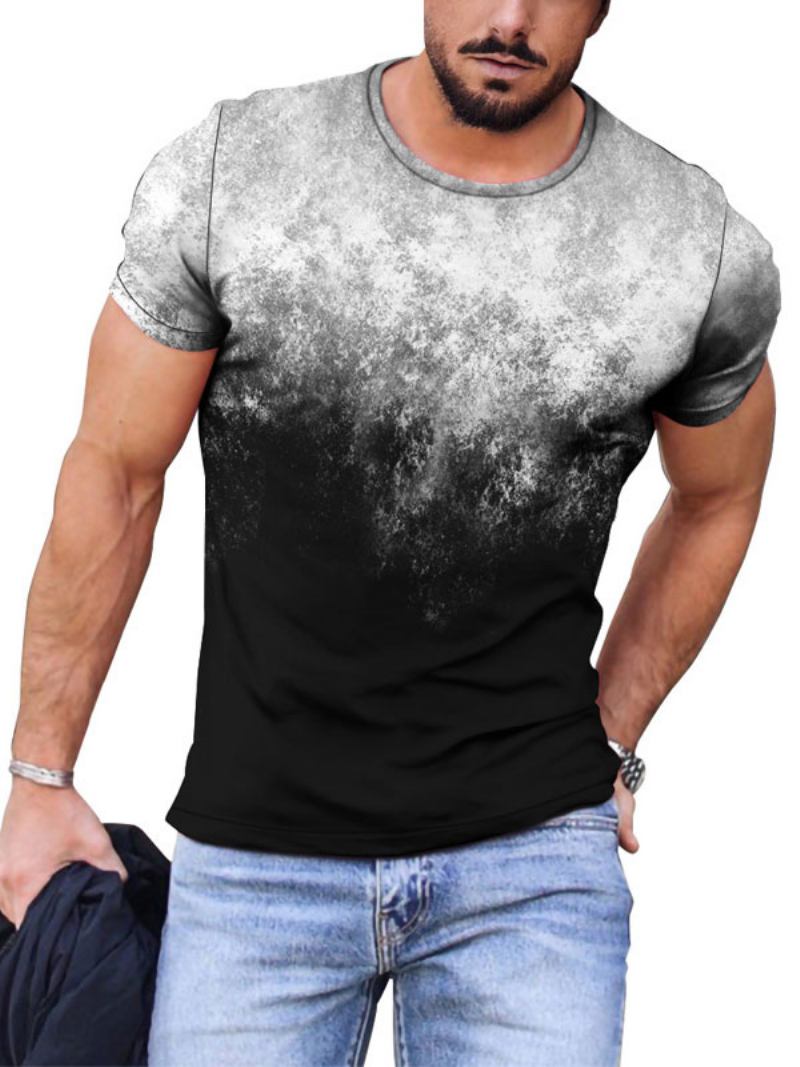 Camisetas Masculinas Casuais Com Gola Joia E Manga Curta Em Bloco Colorido - Cinza