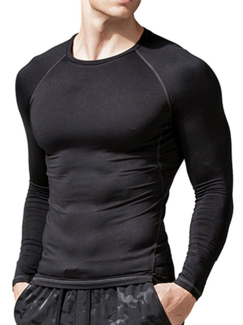 Camisetas Masculinas Casuais Com Gola Joia E Mangas Compridas - Preto