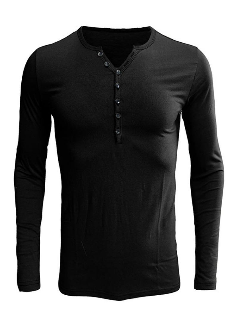 Camisetas Masculinas Casuais Com Gola Joia E Mangas Compridas - Preto