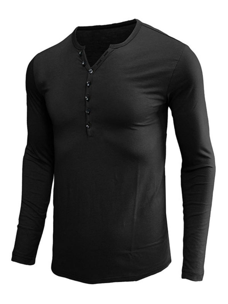 Camisetas Masculinas Casuais Com Gola Joia E Mangas Compridas - Preto