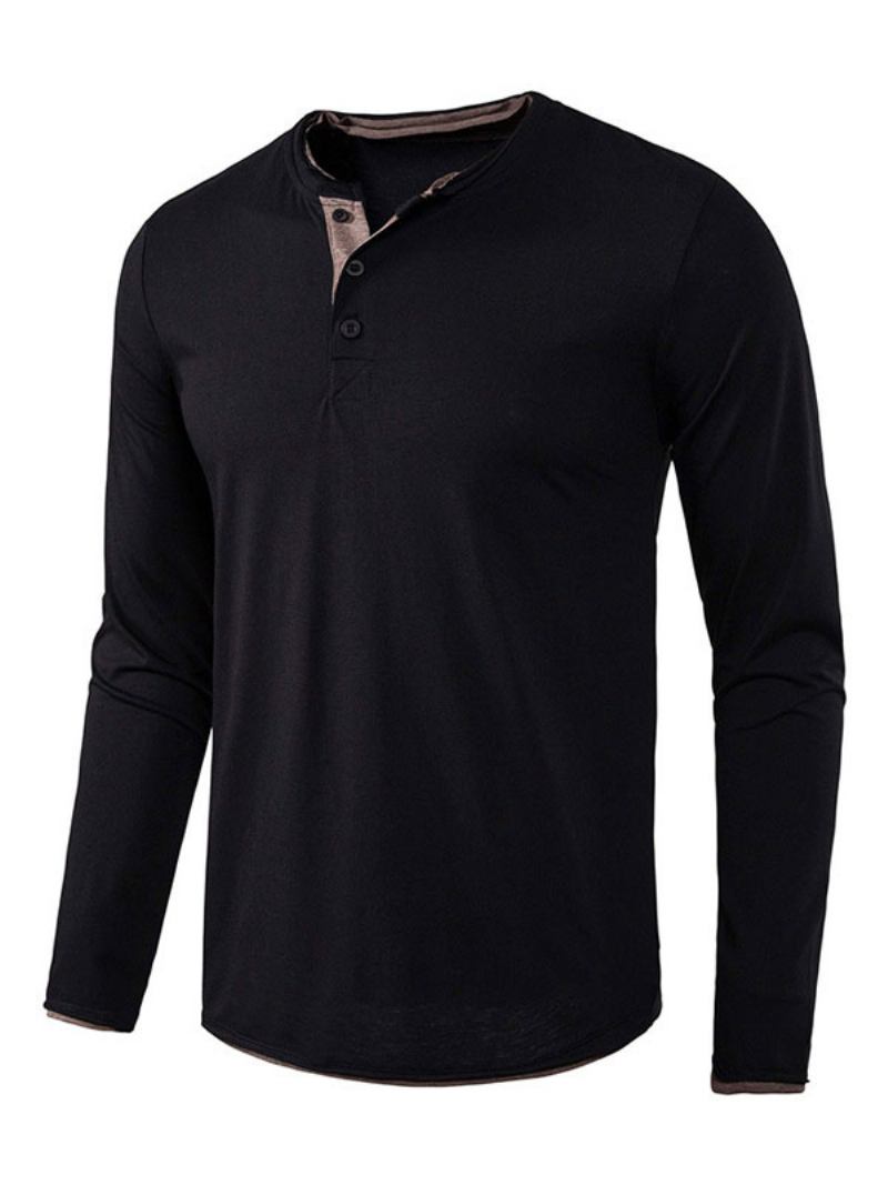 Camisetas Masculinas Casuais Com Gola Joia E Mangas Compridas Grandes - Preto