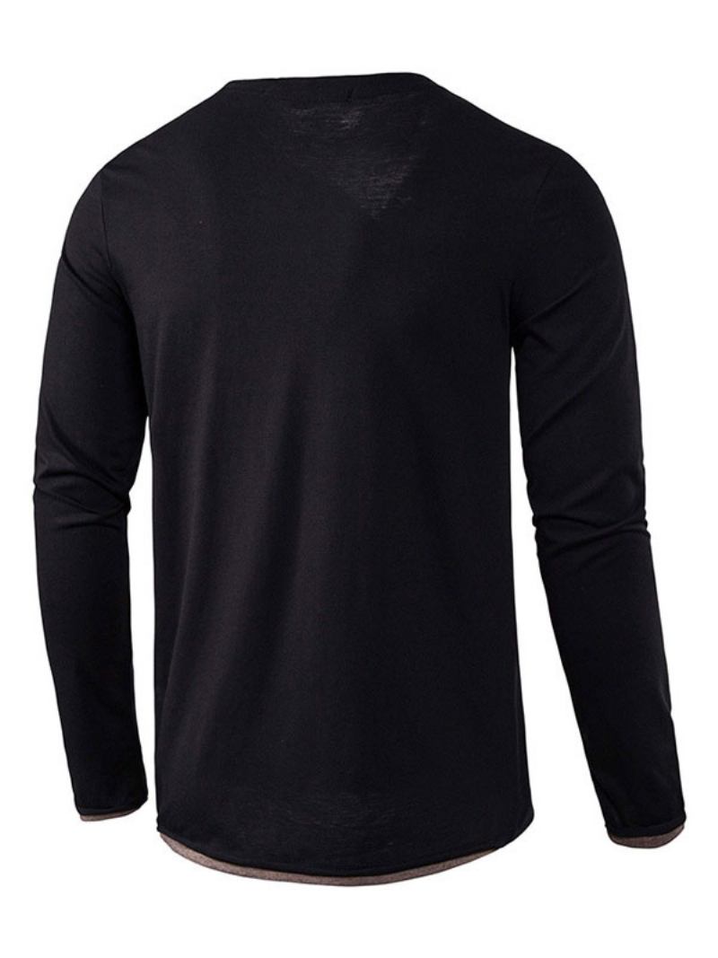 Camisetas Masculinas Casuais Com Gola Joia E Mangas Compridas Grandes - Preto