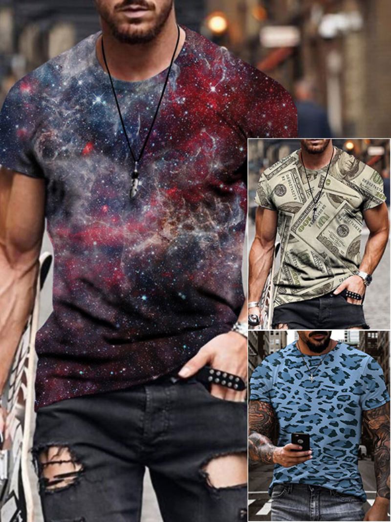 Camisetas Masculinas Casuais Com Gola Joia E Mangas Curtas Estampadas