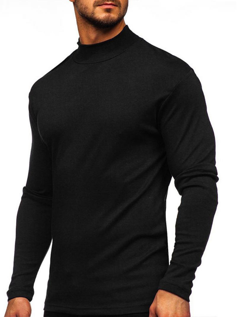 Camisetas Masculinas Casual Gola Alta Mangas Compridas Oversized - Preto