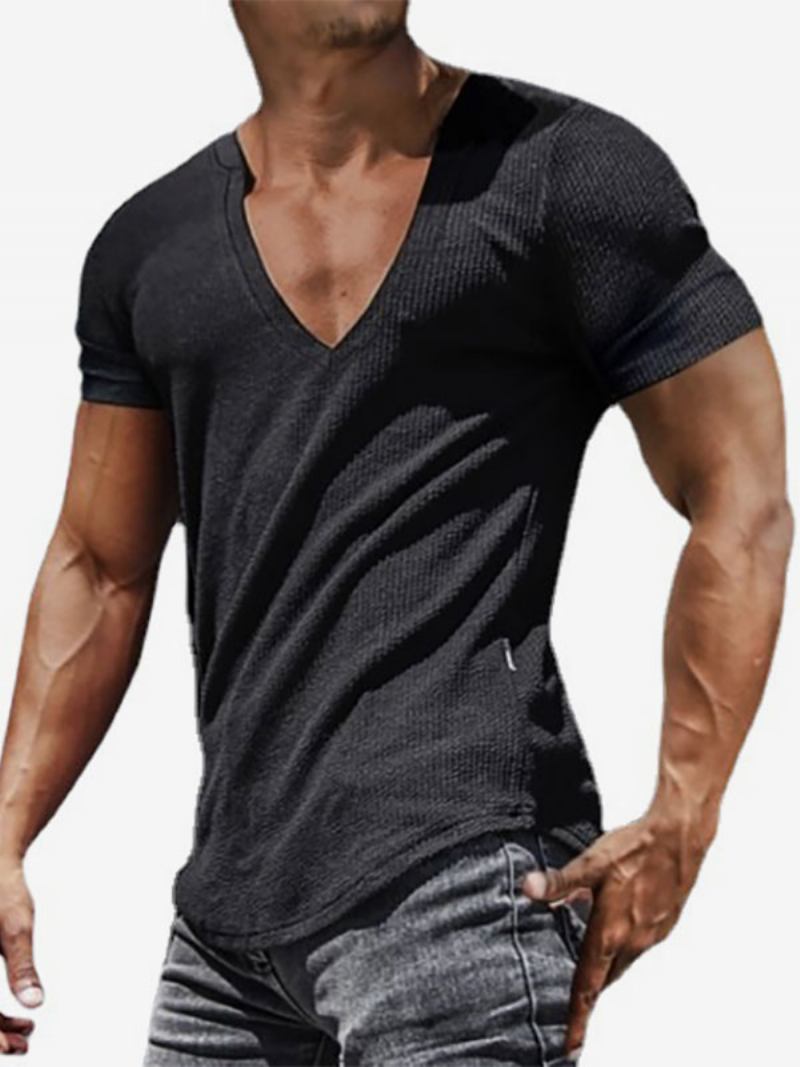 Camisetas Masculinas Chiques Com Decote Em V E Mangas Curtas - Preto