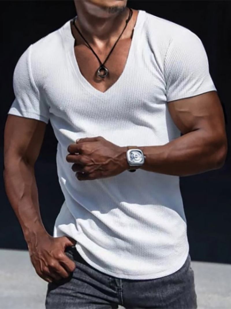 Camisetas Masculinas Chiques Com Decote Em V E Mangas Curtas - Branco