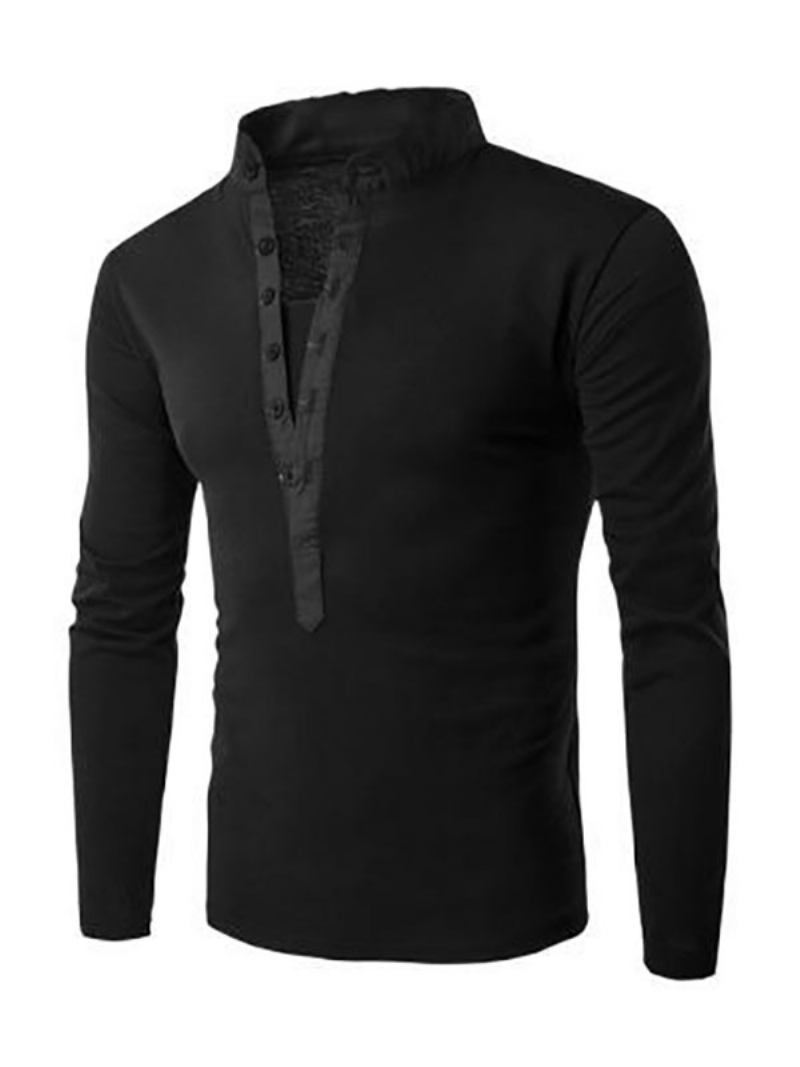 Camisetas Masculinas Chiques Com Gola Joia E Mangas Compridas - Preto