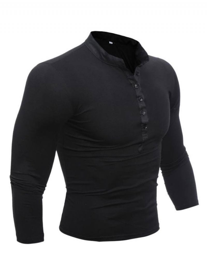 Camisetas Masculinas Chiques Com Gola Joia E Mangas Compridas - Preto