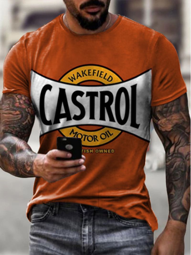 Camisetas Masculinas Chiques Com Gola Joia E Mangas Curtas Estampadas - Laranja