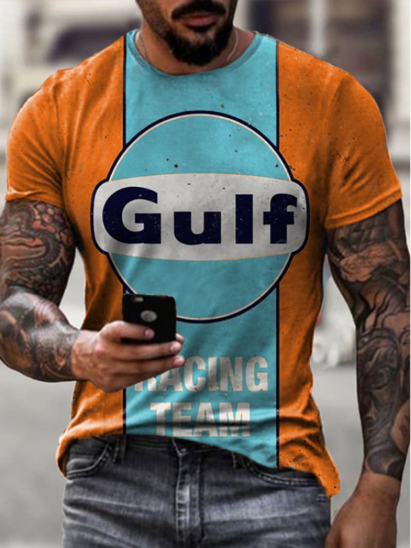 Camisetas Masculinas Clássicas Com Gola Joia E Mangas Curtas Estampadas -  Laranja