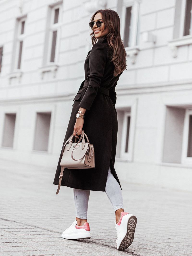 Casaco Feminino Com Gola Aberta E Faixa Inverno - Preto