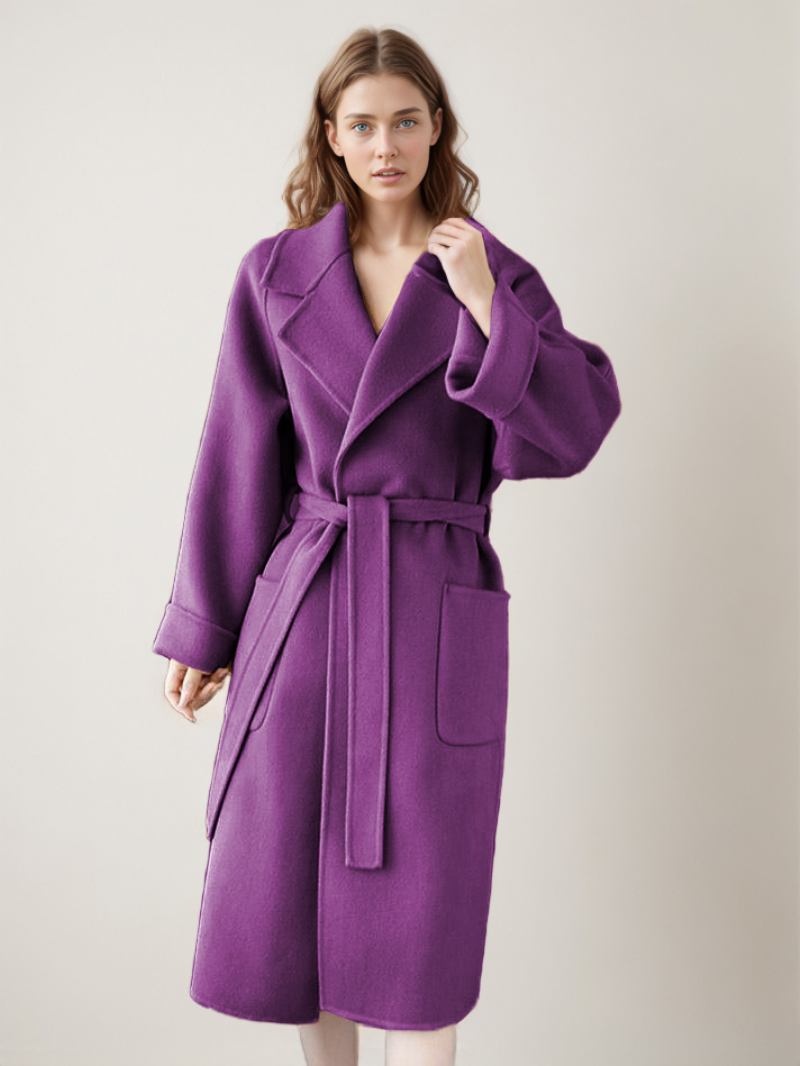 Casaco Feminino Com Lapela E Bolsos Grandes Cor Sólida Roupa Inverno - Roxo