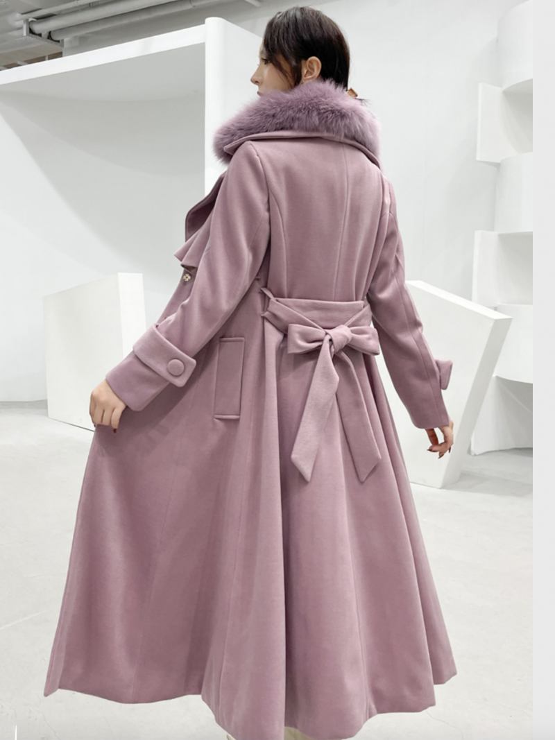 Casaco Feminino Maxi Com Gola Pele Sintética Lã Inverno - Roxo