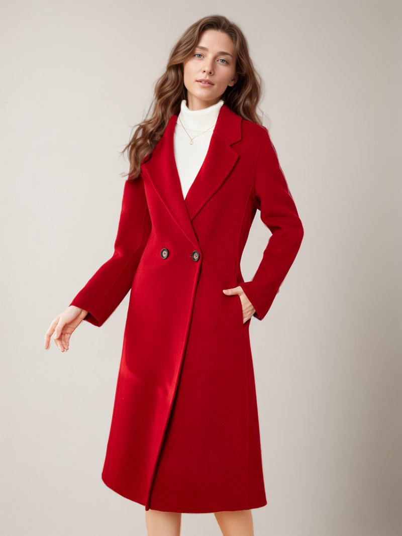 Casacos Lã Com Lapela Agasalhos Elegantes Inverno Para Mulheres - Vermelho