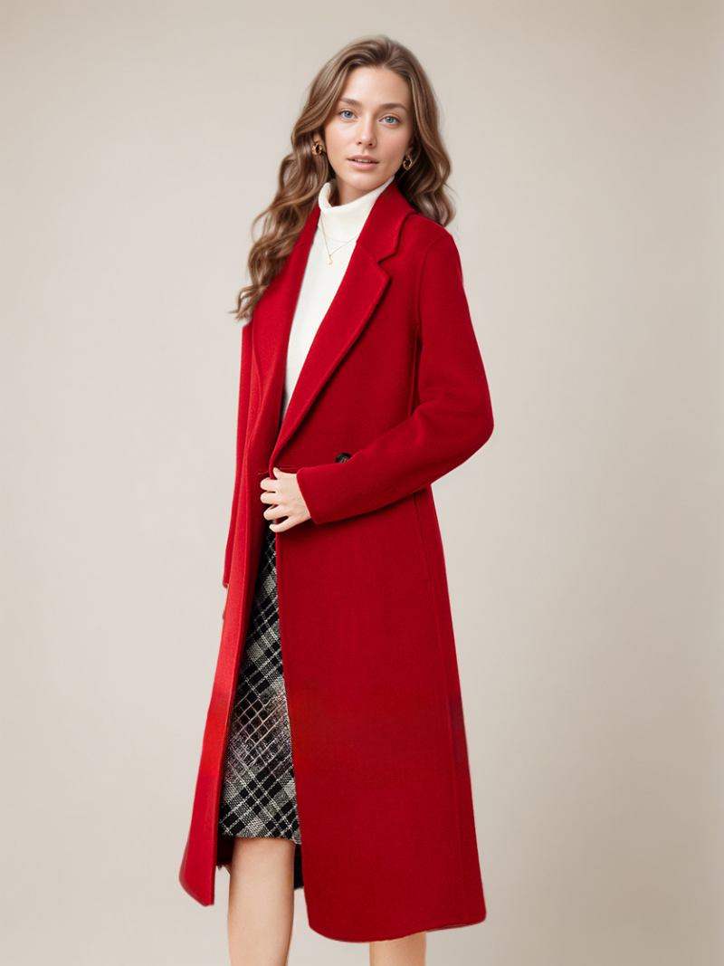 Casacos Lã Com Lapela Agasalhos Elegantes Inverno Para Mulheres - Vermelho