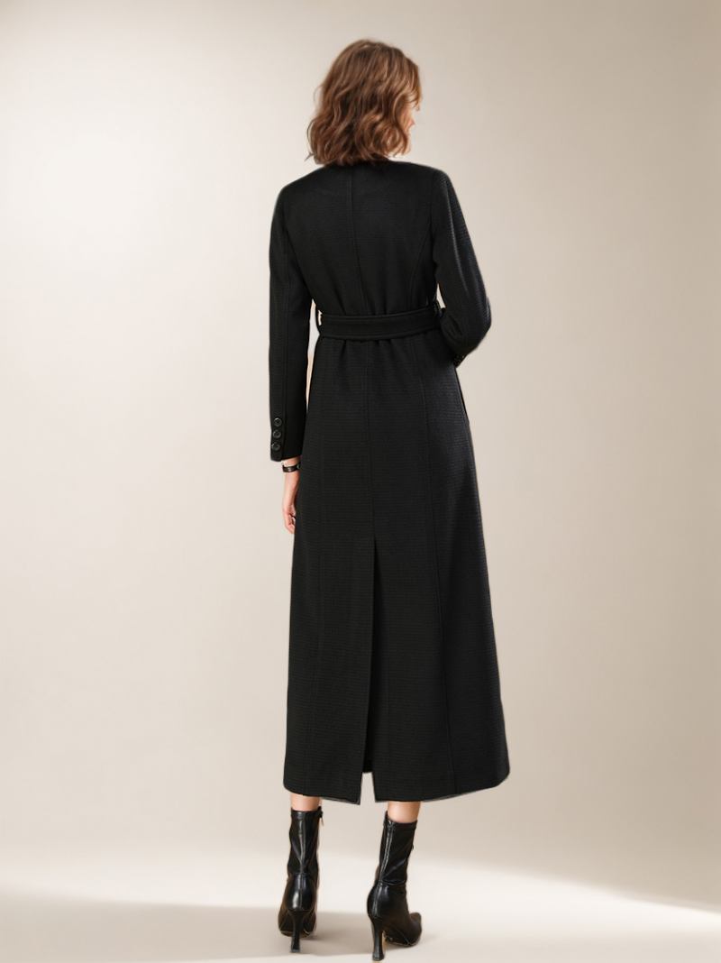 Casacos Lã Femininos Com Cinto Preto Maxi Outerwear - Preto