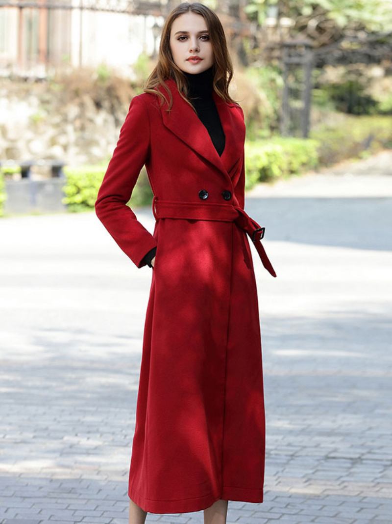 Mulheres Envoltório Casaco Turndown Colarinho Faixa Inverno Lã Outerwear - Ture Vermelho