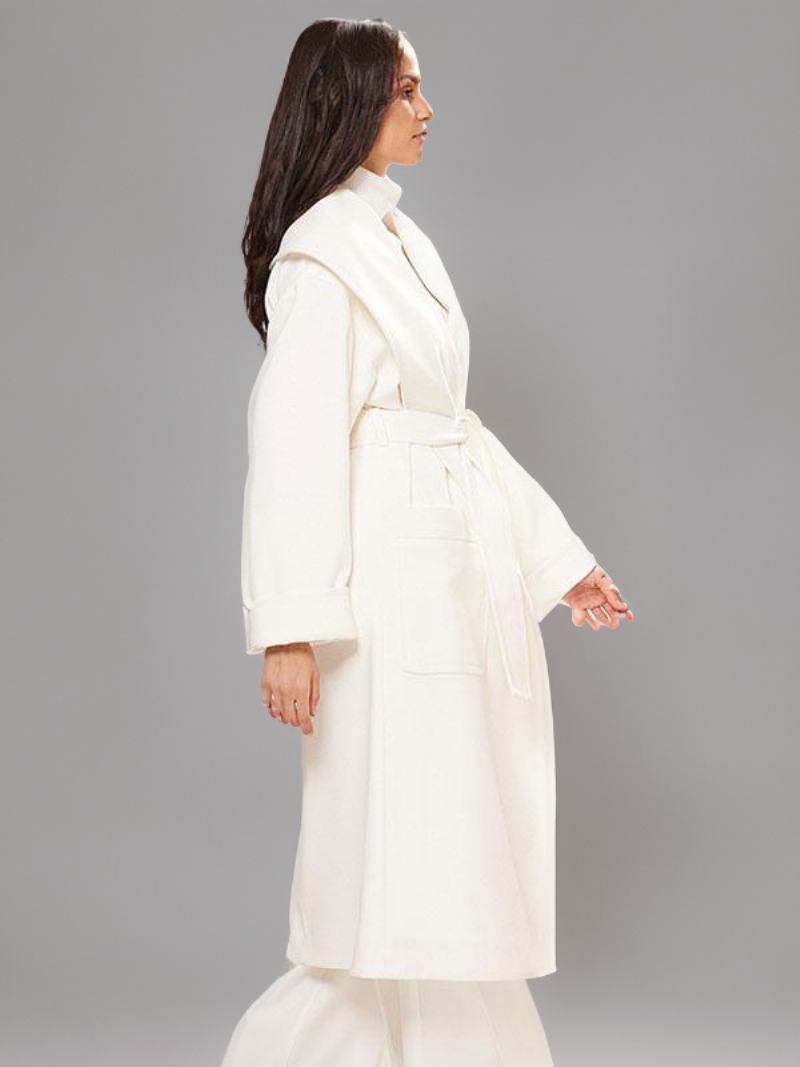 Sobretudo Feminino Branco Com Palangre E Lapela Cinto Chique Grandes Dimensões Para Inverno - Branco