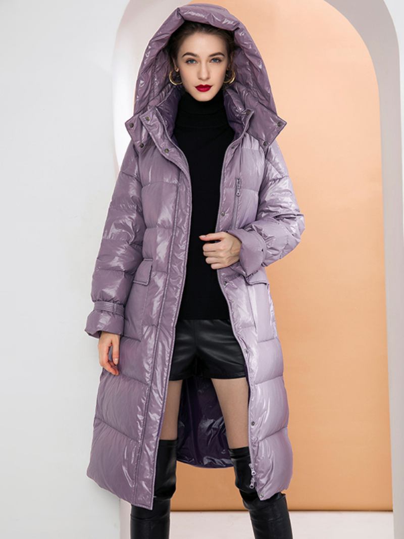 Casaco Com Capuz Roxo Longo Soprador Cinto Inverno Para Mulheres - Roxo