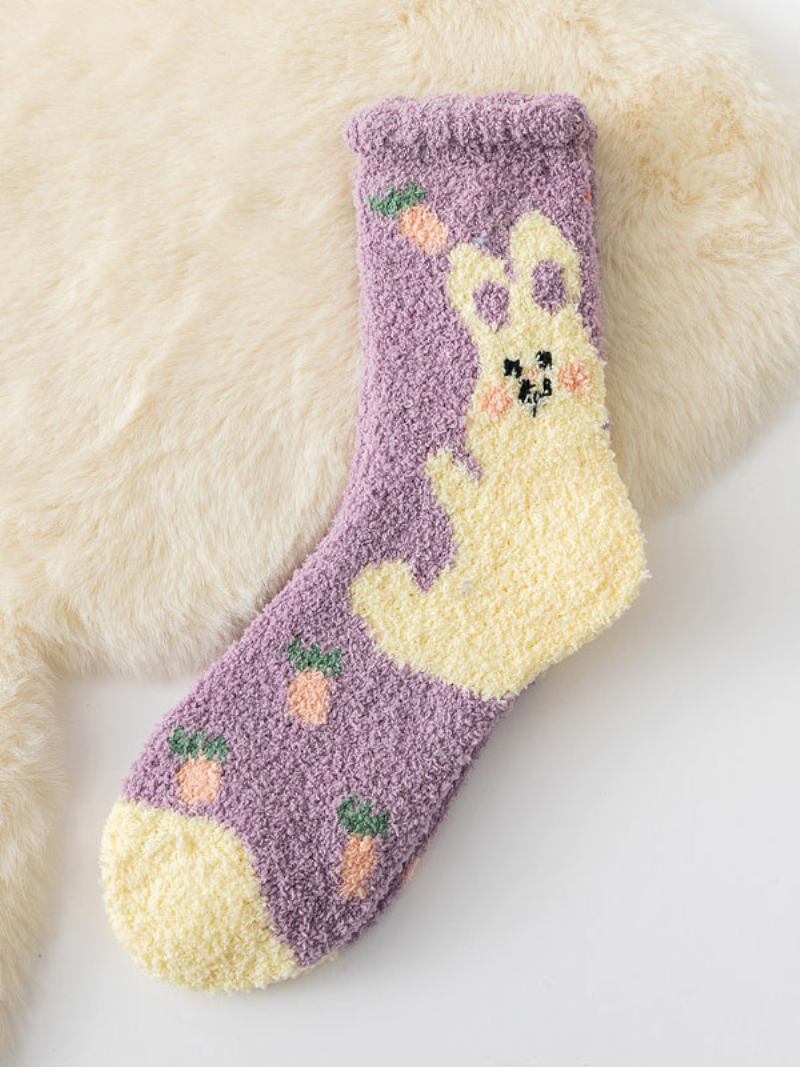 Luz Marrom Urso Padrão Alta Qualidade Malha Macia Inverno Grosso Quente Aconchegante Fuzzy Calcetines Felpa Piso Invierno Meias Femininas - Roxo