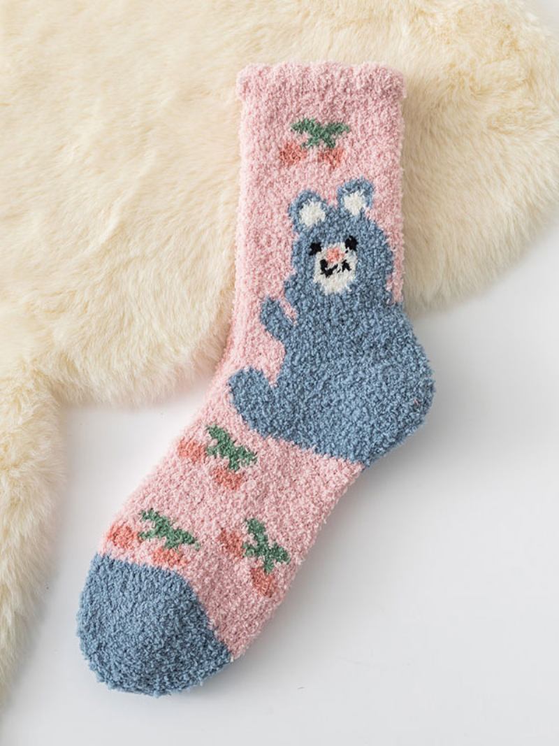 Luz Marrom Urso Padrão Alta Qualidade Malha Macia Inverno Grosso Quente Aconchegante Fuzzy Calcetines Felpa Piso Invierno Meias Femininas - Rosa