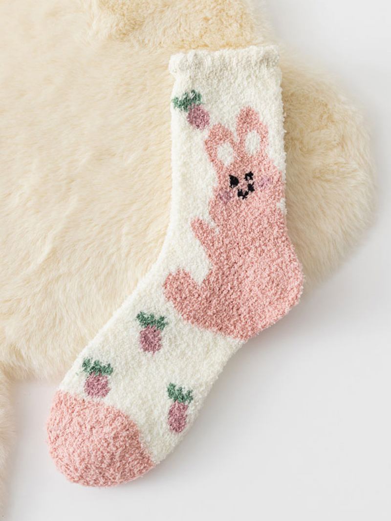 Luz Marrom Urso Padrão Alta Qualidade Malha Macia Inverno Grosso Quente Aconchegante Fuzzy Calcetines Felpa Piso Invierno Meias Femininas - Branco